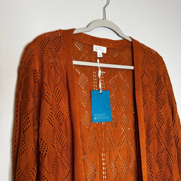 Market & Spruce Cecily Pointelle Open Front Cardigan Orange NWT Women’s Medium - Picture 3 of 10